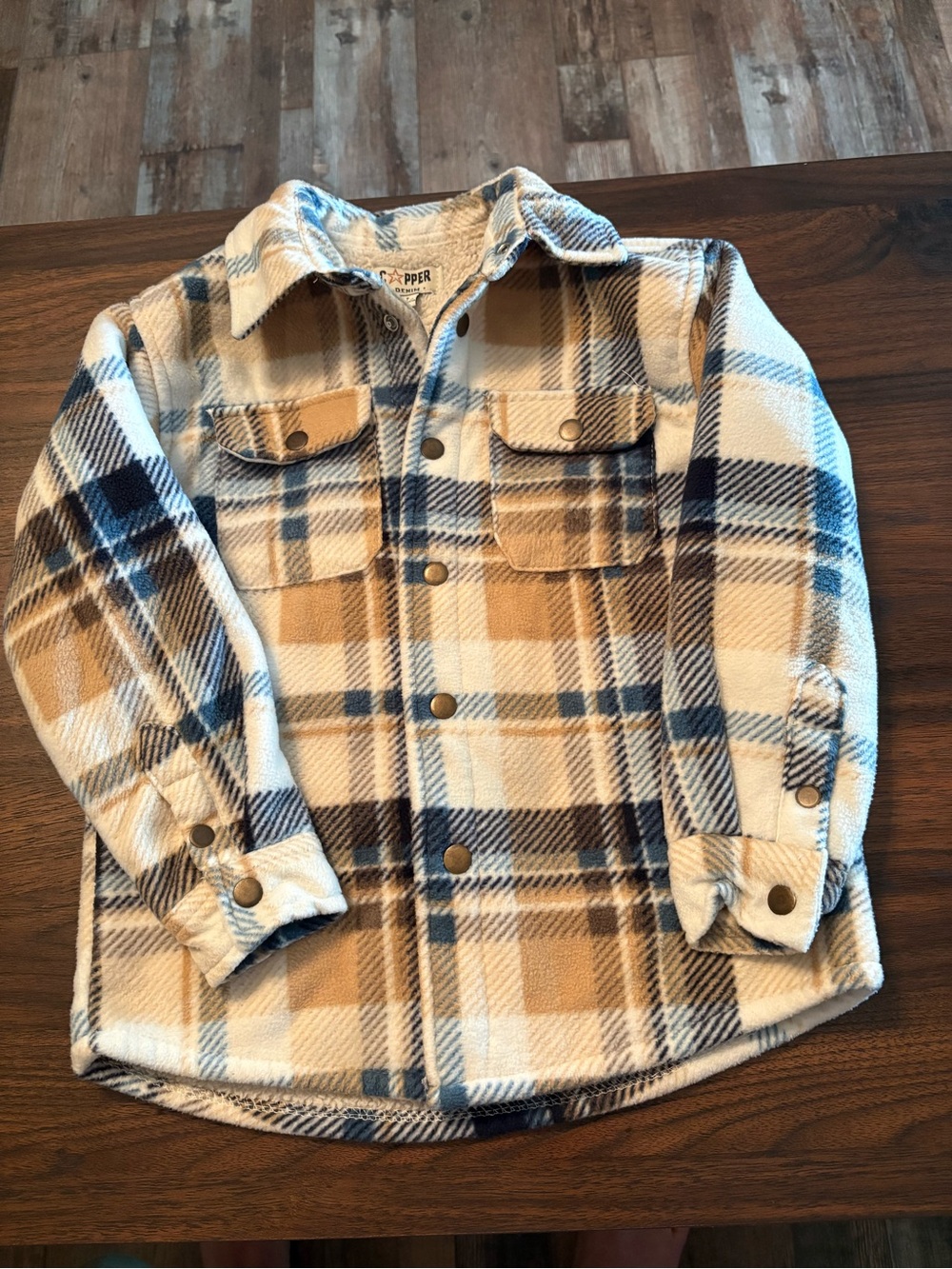 Kids Cooper Denim Plaid Sherpa-Lined Shacket - Blue & Tan
